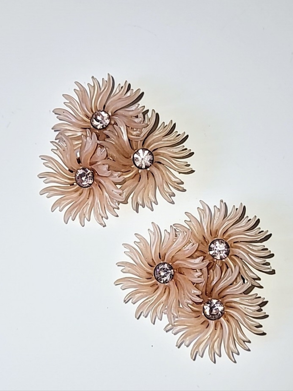 Pink Soft Plastic Flower Clip Earrings - Vintage With Lavender Rhinestones